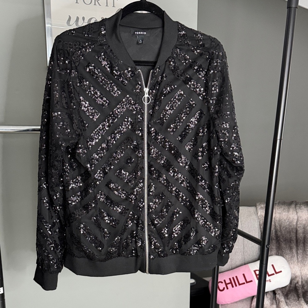 Torrid Black Sequin Bomber Jacket